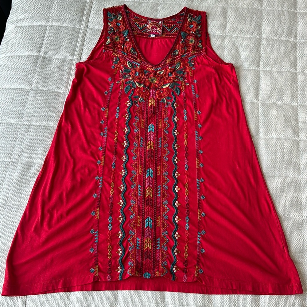 Johnny Was Soft Red Cotton Embroidered Tunic
